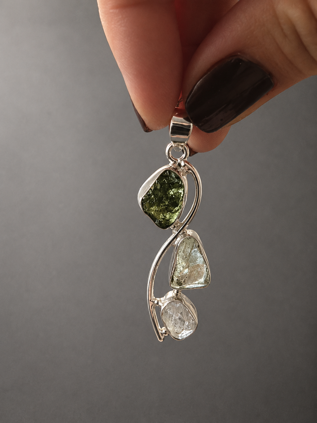 Colgante de Moldavita, Cristal Líbico y Herkimer en Plata de Ley 925