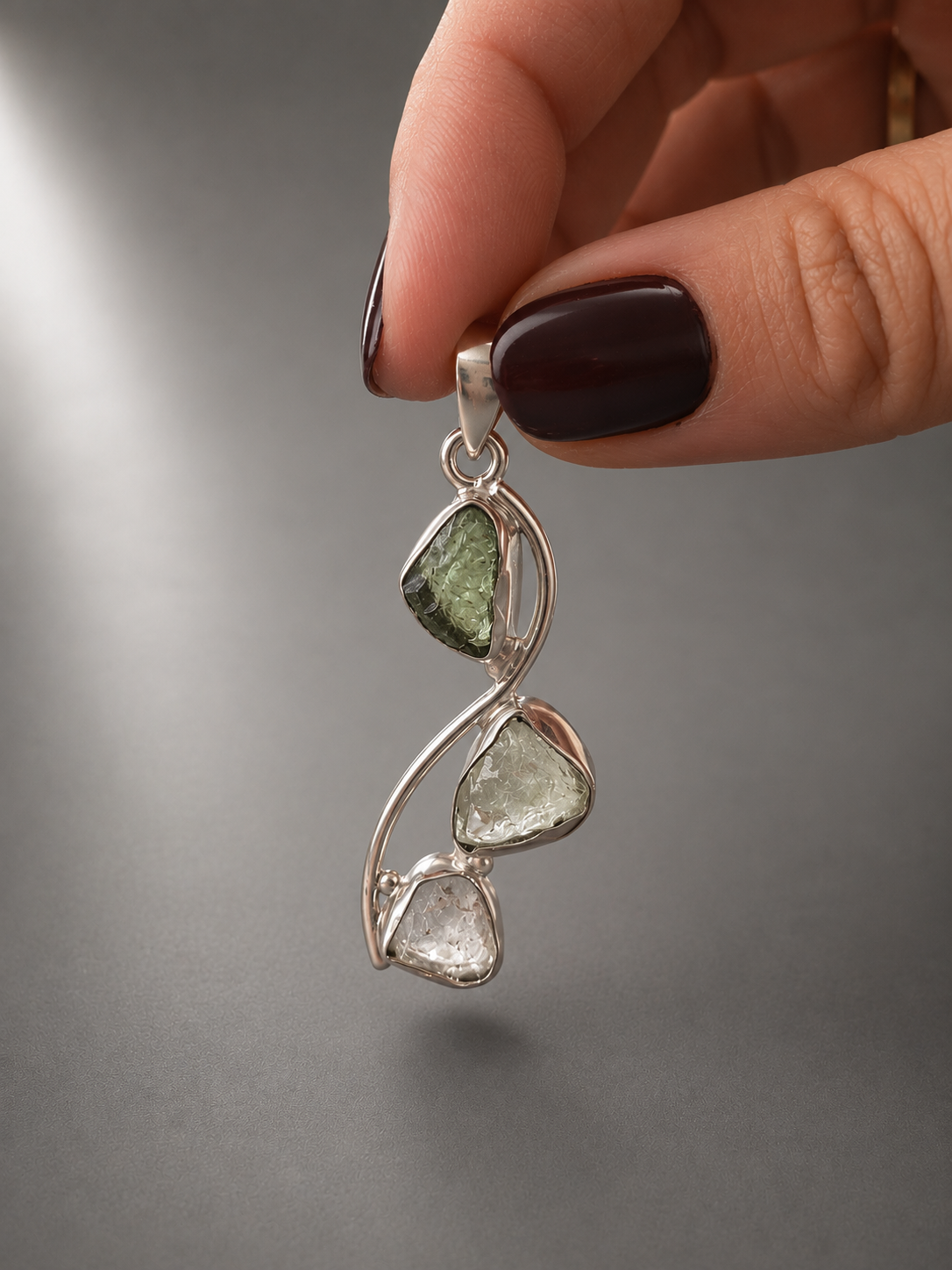 Colgante de Moldavita, Cristal Líbico y Herkimer en Plata de Ley 925