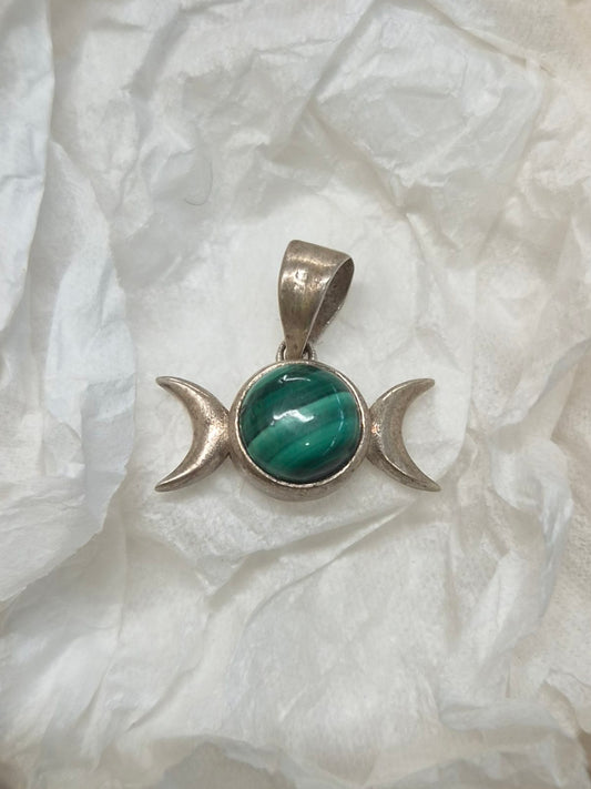 🦸Colgante Triple Luna de Malaquita en Plata 925 – Mi Verdad