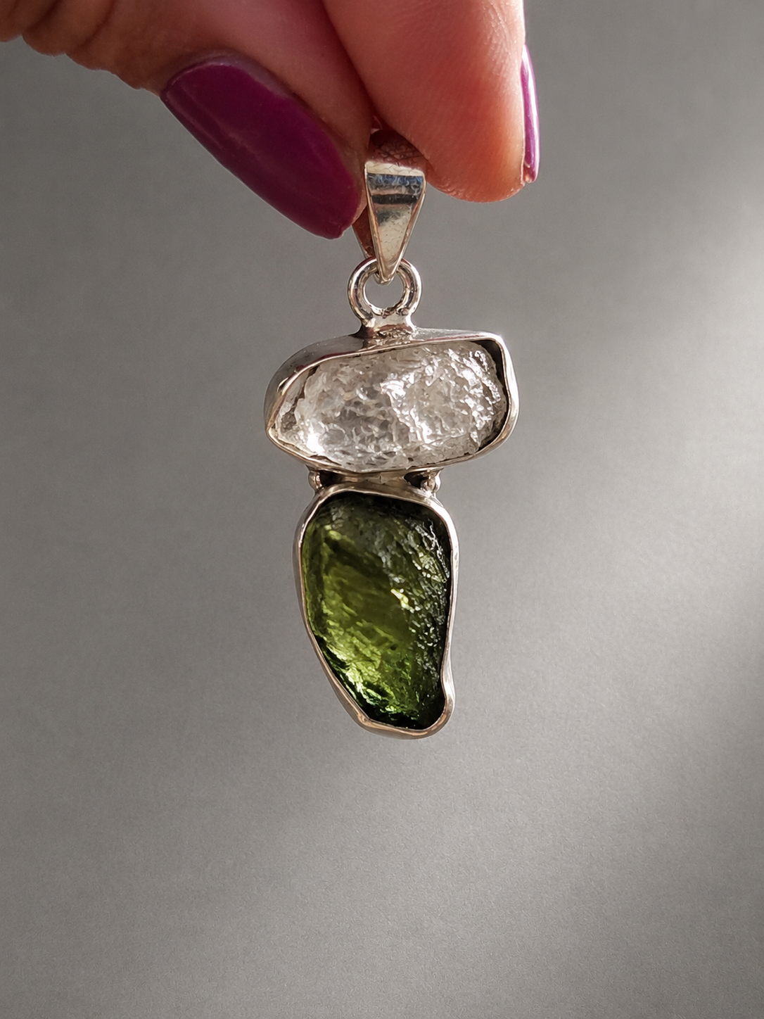 Colgante Herkimer y Moldavita · Caida libre · Plata de Ley 925