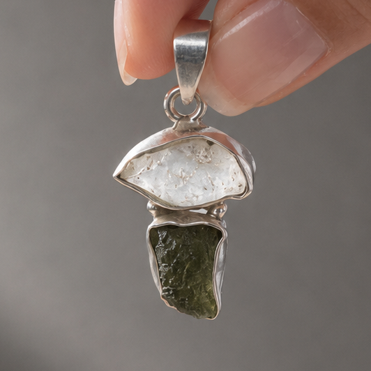 Moldavita y Herkimer · Colgante La grieta · Plata 925