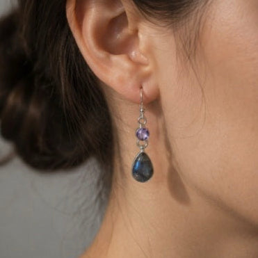 Pendientes de Labradorita con amatista Natural en Plata de Ley 925