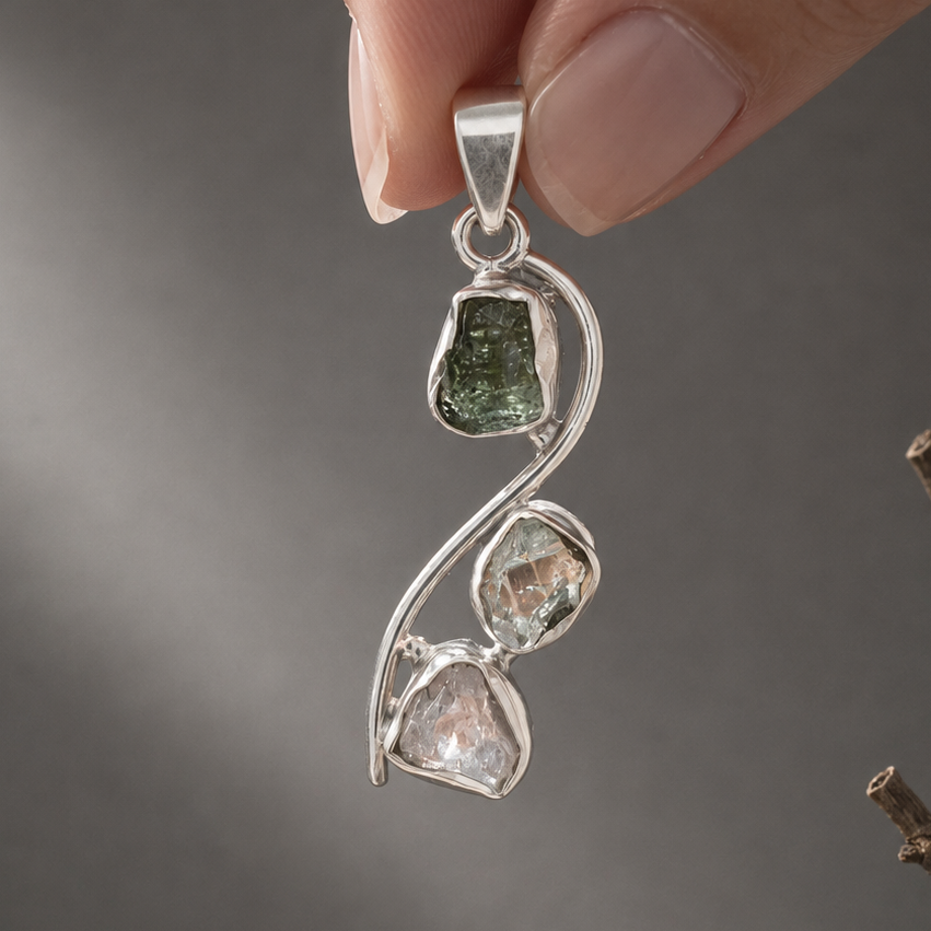 Colgante de Moldavita, Diamante Herkimer y Cristal Líbico en Plata de Ley 925