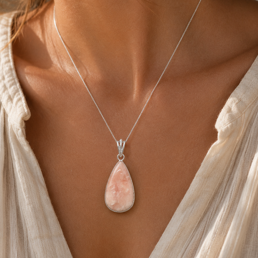 Colgante de Ópalo Rosa Natural en Plata de Ley 925