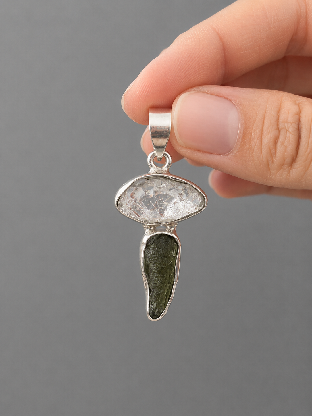 Colgante Herkimer y Moldavita · La Grieta · Plata de Ley 925