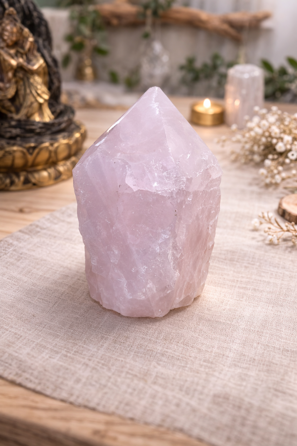 Punta de Cuarzo Rosa – Amor, sanación emocional y armonía del corazón