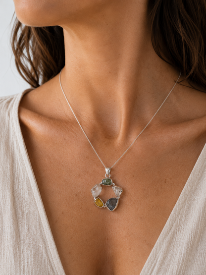 Colgante de Ámbar,Herkimer, Cristal del Desierto Líbico, Moldavita y Agni Manitita en Plata de Ley 925