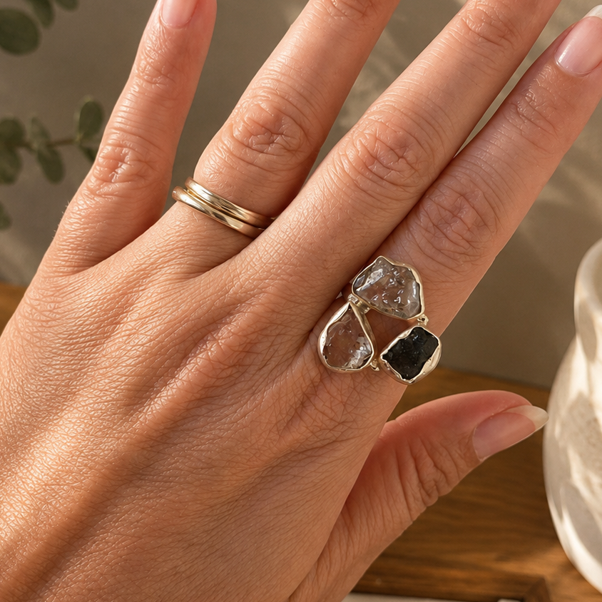 Anillo de Moldavita 8gr, Diamante Herkimer y Cristal Líbico en Plata de Ley 925 T.7