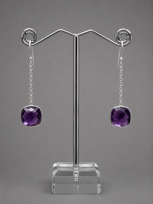 Pendientes Largos Facetados de Amatista Natural en Plata de Ley 925