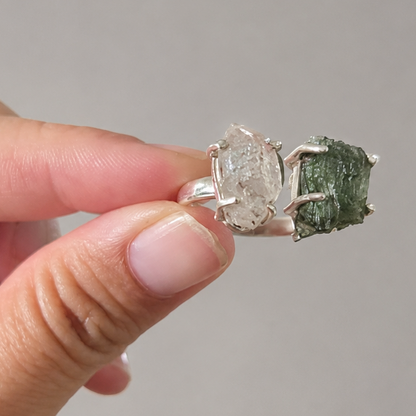 Moldavita y Herkimer · Anillo La grieta · Plata 925