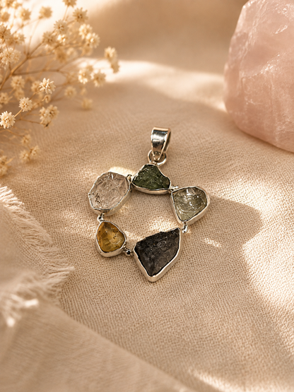 Colgante de Ámbar,Herkimer, Cristal del Desierto Líbico, Moldavita y Agni Manitita en Plata de Ley 925