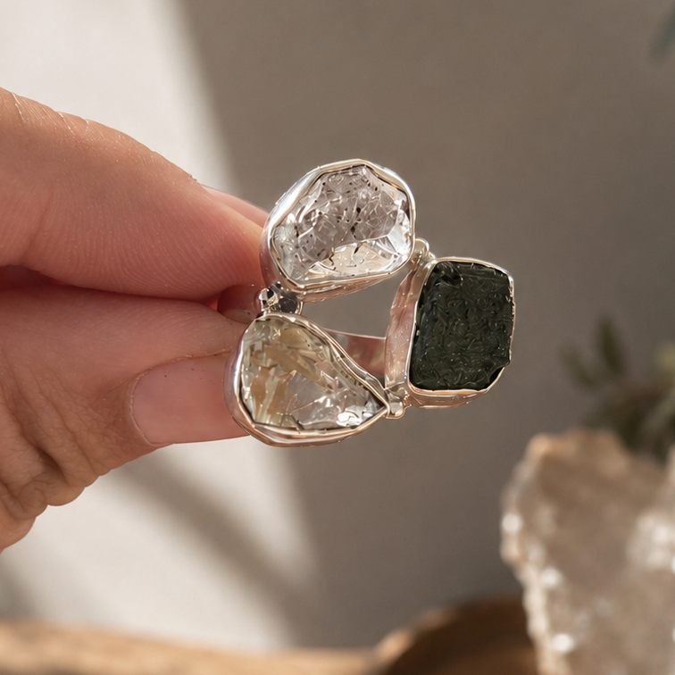 Anillo de Moldavita 8gr, Diamante Herkimer y Cristal Líbico en Plata de Ley 925 T.5