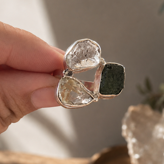 Anillo de Moldavita 8gr, Diamante Herkimer y Cristal Líbico en Plata de Ley 925 T.5