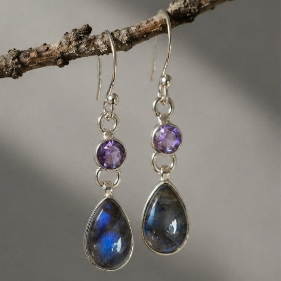Pendientes de Labradorita con amatista Natural en Plata de Ley 925