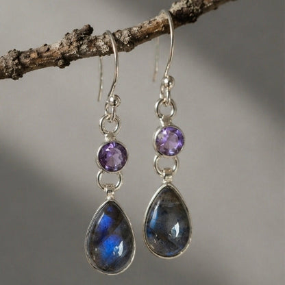Pendientes de Labradorita con amatista Natural en Plata de Ley 925