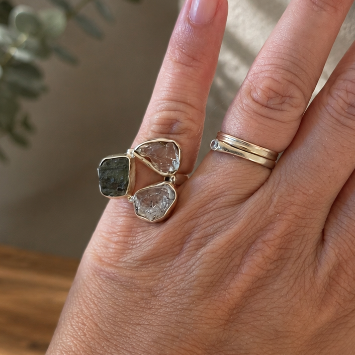 Anillo de Moldavita 8gr, Diamante Herkimer y Cristal Líbico en Plata de Ley 925 T.5