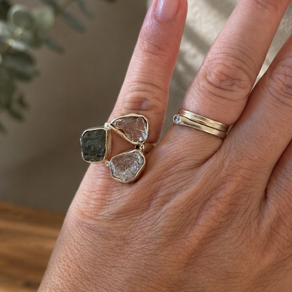 Anillo de Moldavita 8gr, Diamante Herkimer y Cristal Líbico en Plata de Ley 925 T.5