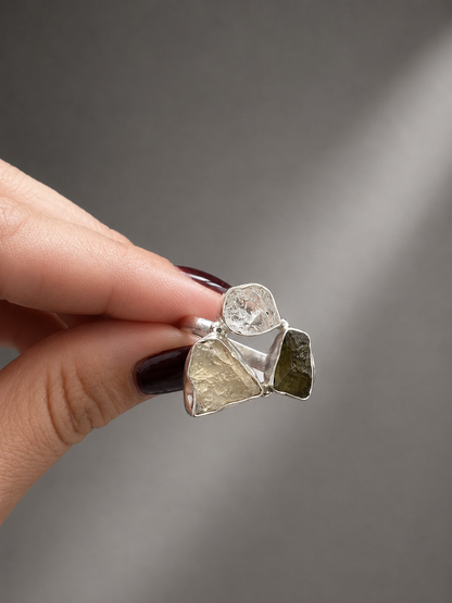 Anillo de Moldavita 8gr, Diamante Herkimer y Cristal Líbico en Plata de Ley 925