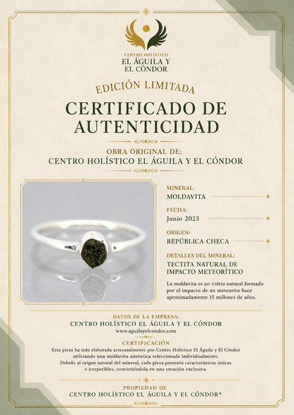 Anillo de Moldavita 8gr, Diamante Herkimer y Cristal Líbico en Plata de Ley 925 T.5