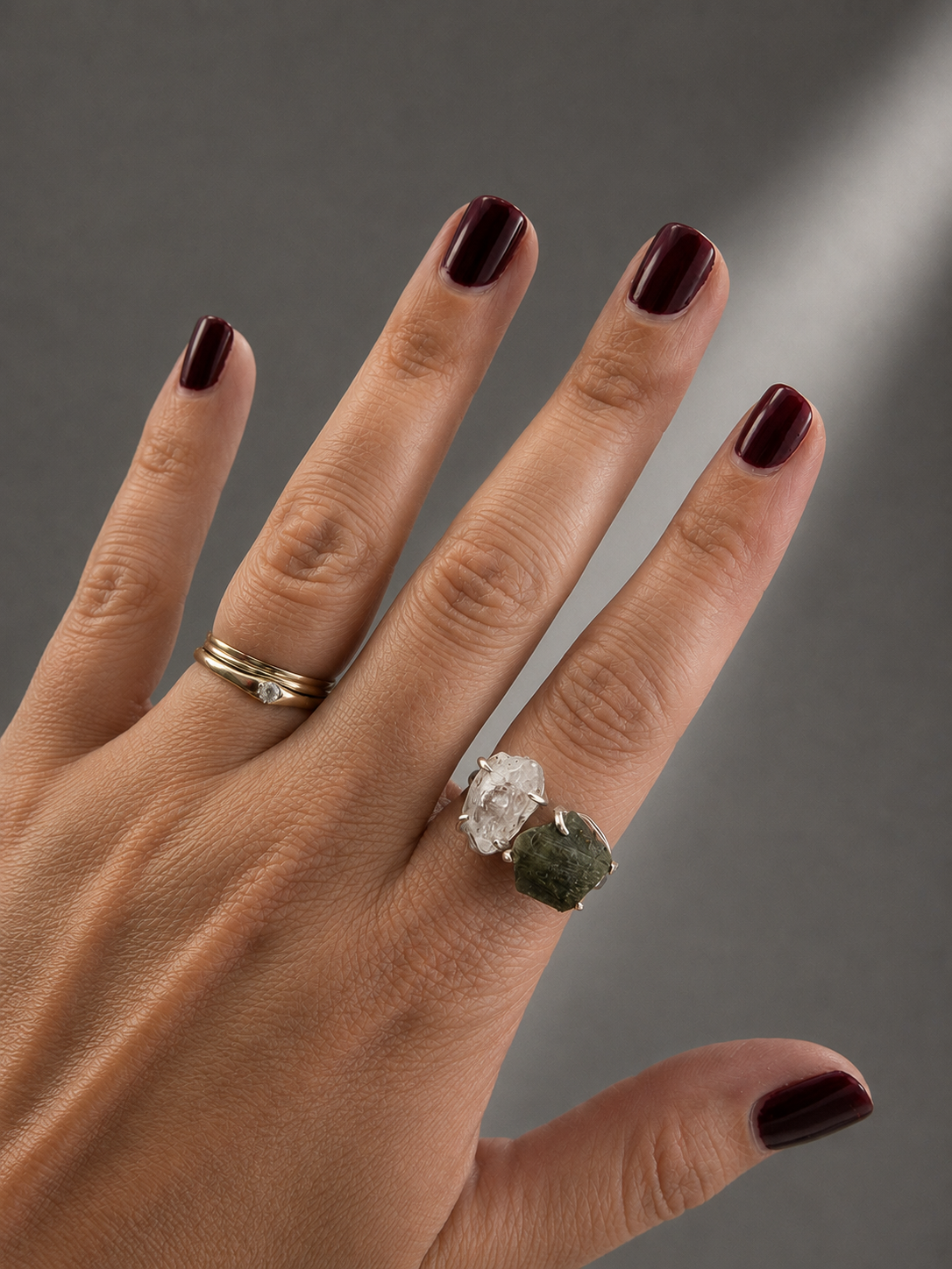 Anillo Adaptable de Moldavita y Herkimer en Plata de Ley 925