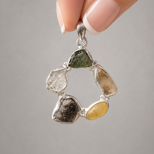 Colgante de Ámbar,Herkimer, Cristal del Desierto Líbico, Moldavita y Agni Manitita en Plata de Ley 925
