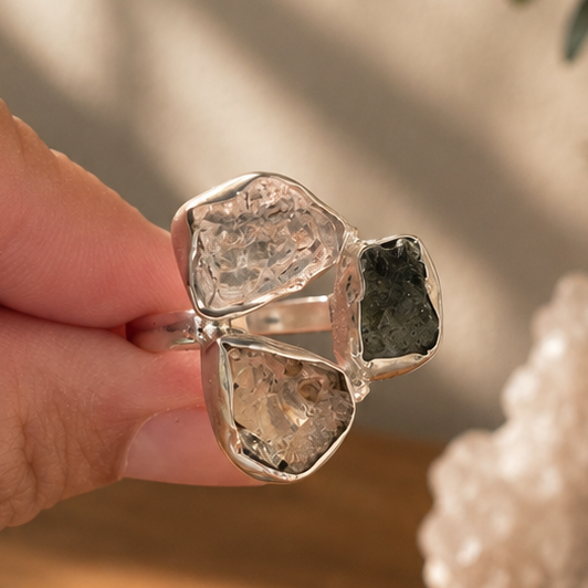 Anillo de Moldavita 8gr, Diamante Herkimer y Cristal Líbico en Plata de Ley 925 T.7