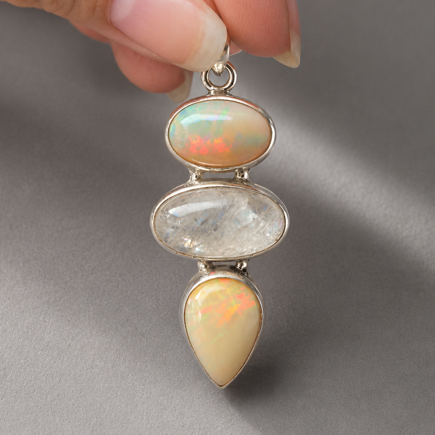 Tríada Lunar — Ópalo Etíope y Piedra Luna plata.925
