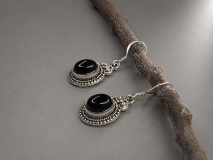 Pendientes de Turmalina Negra Natural con Gancho en Plata de Ley 925