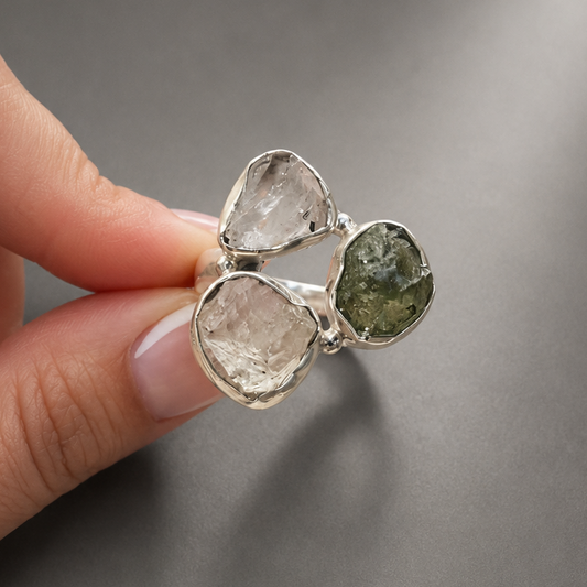 Anillo de Moldavita 8gr, Diamante Herkimer y Cristal Líbico en Plata de Ley 925 T.7
