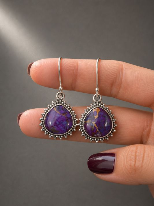Pendientes Redondos de Turquesa Potenciada Lila con Pirita en Plata de Ley 925