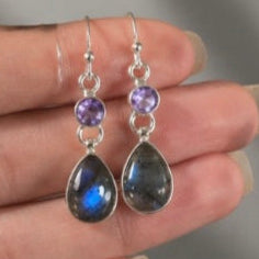 Pendientes de Labradorita con amatista Natural en Plata de Ley 925