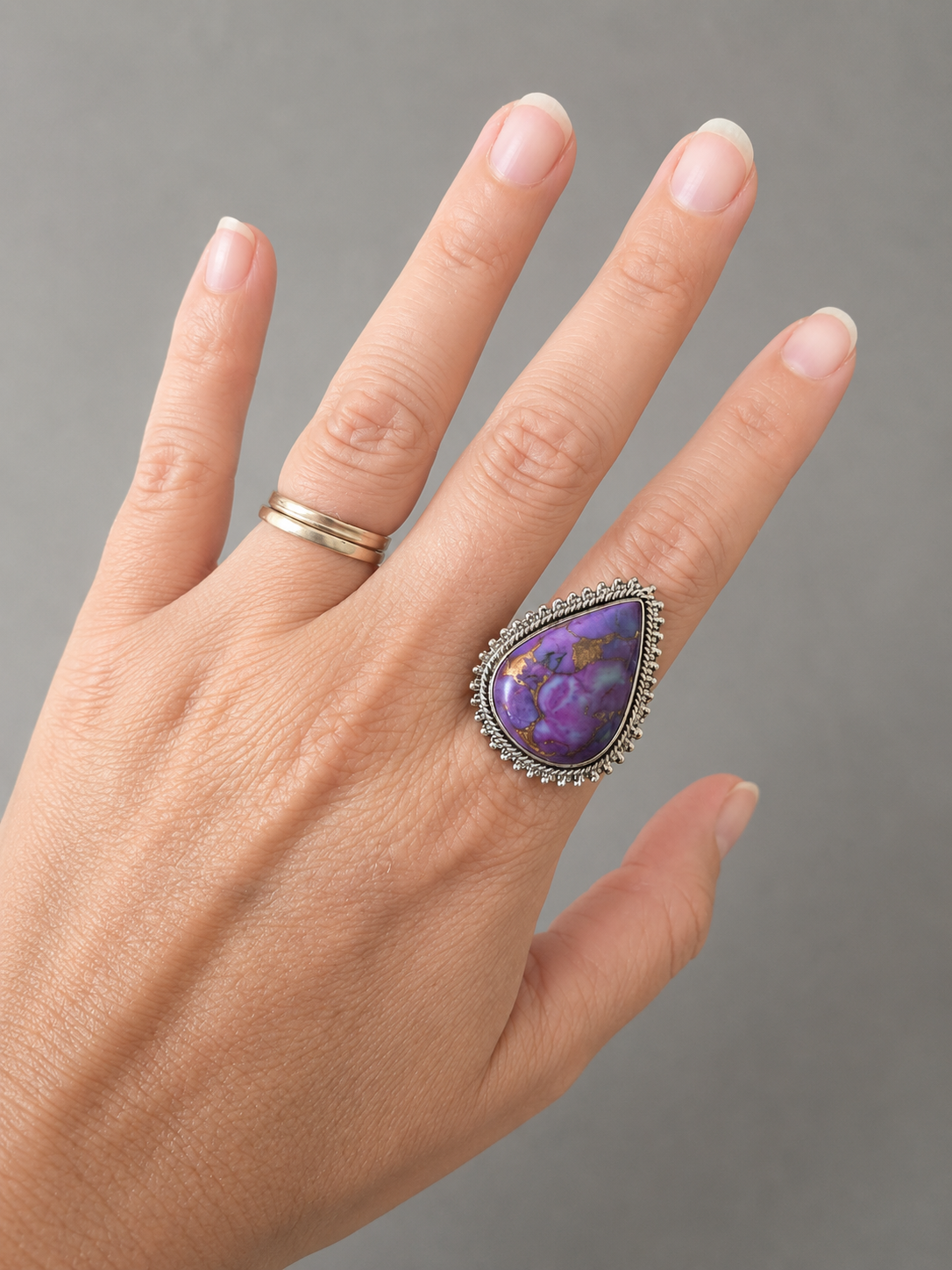 Anillo de Turquesa Potenciada Lila con Pirita en Plata de Ley 925