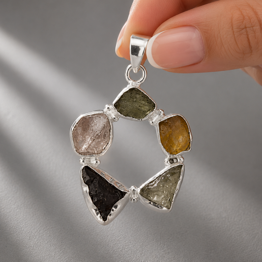 Colgante de Ámbar,Herkimer, Cristal del Desierto Líbico, Moldavita y Agni Manitita en Plata de Ley 925