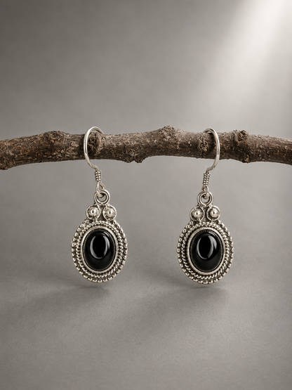 Pendientes de Turmalina Negra Natural con Gancho en Plata de Ley 925